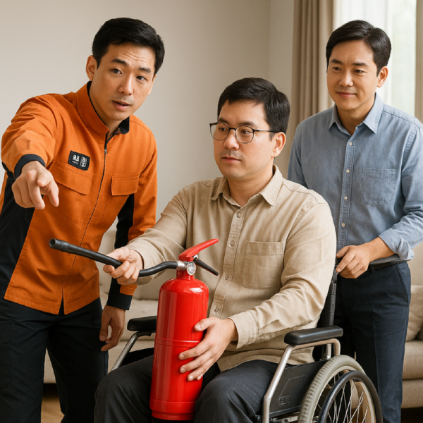 가정에서 소방관이 장애인에게 소화기 사용법을 안내하고 있다. AI 생성(GPT).png